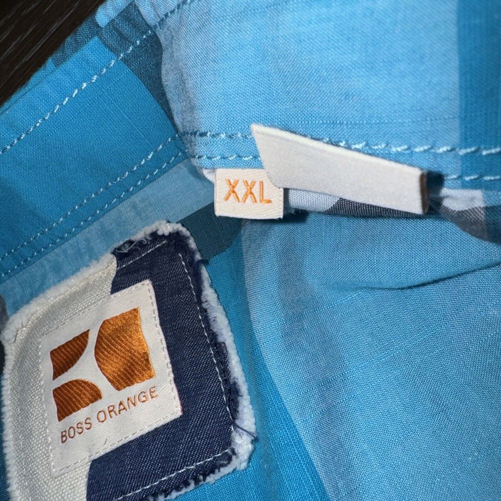 HUGO BOSS Orange TEAL/GRAY PLAID Shirt Mens XL Slim Fit Pearl Snap Western NICE! - Picture 4 of 10